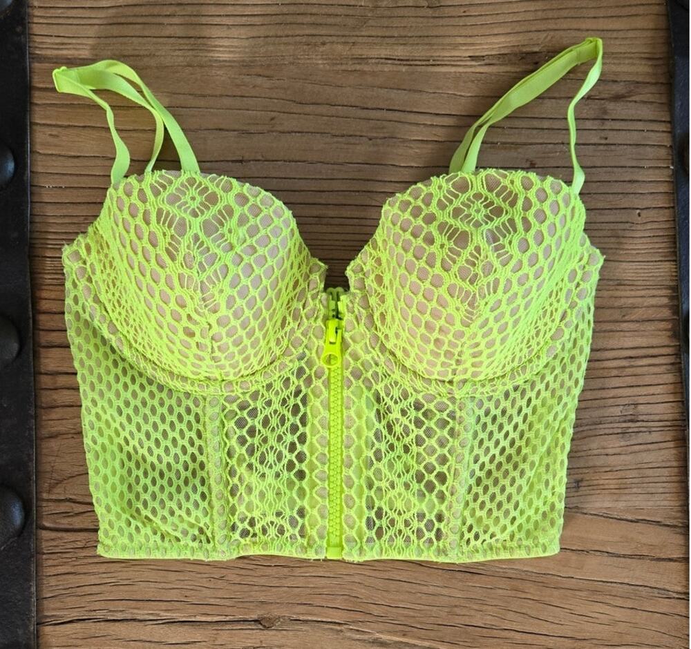 Victoria's Secret Lined Demi Bustier Long Line Bra Neon Green Yellow Mesh sz 32D